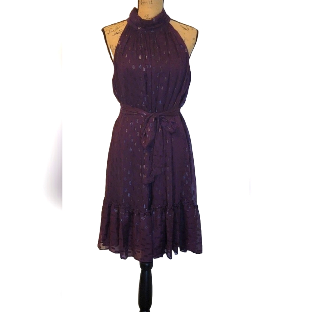 Taylor Sheer Polka Dot Mock Neck Ruffle Belted Zip Midi Dress